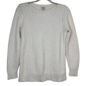Md LL Bean Ivory Basket Weave Cotton Fisherman Sweater Boat Neck Nautical Preppy